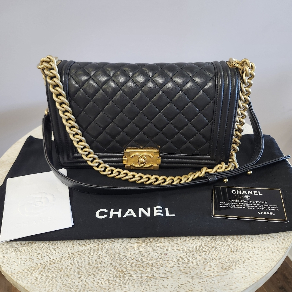 Chanel Quilted Medium Black Boy Bag with Gold Hardware